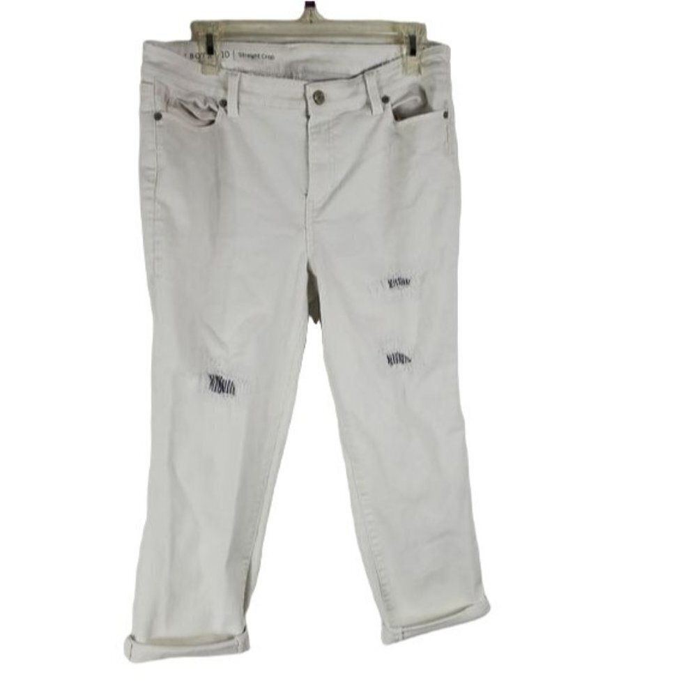 Talbots white distressed straight crop patch jeans women's size 10